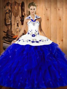 Sleeveless Floor Length Embroidery and Ruffles Lace Up Sweet 16 Dress with Blue And White