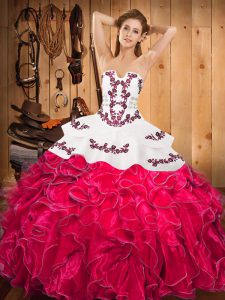 Best Selling Embroidery and Ruffles Sweet 16 Dress Hot Pink Lace Up Sleeveless Floor Length
