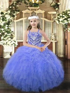 Lovely Organza Straps Sleeveless Lace Up Beading and Ruffles Pageant Dress for Girls in Blue