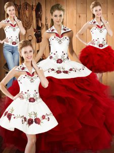 Halter Top Sleeveless Lace Up Quinceanera Dress Wine Red Satin and Organza