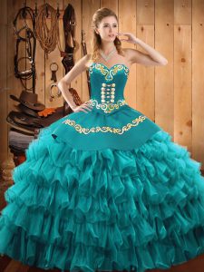 High End Sleeveless Floor Length Embroidery and Ruffled Layers Lace Up Sweet 16 Dresses with Teal