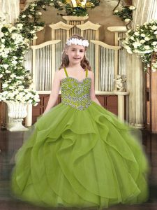 Admirable Sleeveless Floor Length Beading and Ruffles Lace Up Pageant Dress Womens with Olive Green