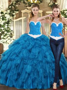 Dramatic Floor Length Lace Up Quinceanera Dresses Teal for Military Ball and Sweet 16 and Quinceanera with Ruffles