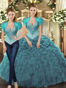 Cheap Teal Straps Lace Up Beading and Ruffles Quinceanera Dress Sleeveless