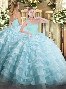 Light Blue Sleeveless Beading and Ruffled Layers Floor Length Sweet 16 Dress