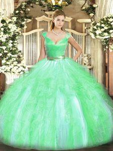 Apple Green Tulle Zipper V-neck Sleeveless Floor Length Quinceanera Dresses Beading and Ruffles