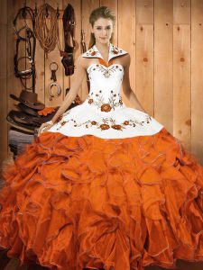 Designer Halter Top Sleeveless Vestidos de Quinceanera Floor Length Embroidery and Ruffles Orange Red Satin and Organza
