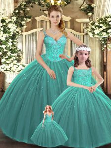 Turquoise Lace Up 15th Birthday Dress Beading Sleeveless Floor Length