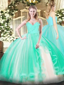 Turquoise Tulle Zipper Spaghetti Straps Sleeveless Floor Length 15th Birthday Dress Ruffles