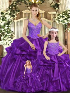 Eye-catching Purple Straps Neckline Beading and Ruffles Sweet 16 Quinceanera Dress Sleeveless Lace Up