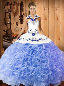 Halter Top Sleeveless Quinceanera Gown Floor Length Embroidery Lavender Fabric With Rolling Flowers