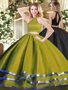 Elegant Floor Length Olive Green Sweet 16 Dresses Tulle Sleeveless Beading
