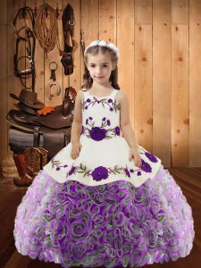 Straps Sleeveless Glitz Pageant Dress Floor Length Embroidery and Ruffles Multi-color Fabric With Rolling Flowers