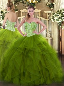 Olive Green Ball Gowns Sweetheart Sleeveless Organza Floor Length Lace Up Beading and Ruffles Sweet 16 Dress