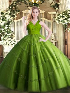 Captivating V-neck Sleeveless Sweet 16 Dresses Floor Length Beading Olive Green Tulle