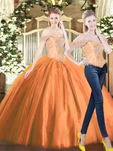 Inexpensive Off The Shoulder Sleeveless Vestidos de Quinceanera Floor Length Beading Orange Red Tulle