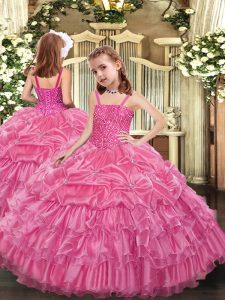 Custom Design Floor Length Rose Pink Kids Formal Wear Organza Sleeveless Beading and Ruffled Layers and Pick Ups