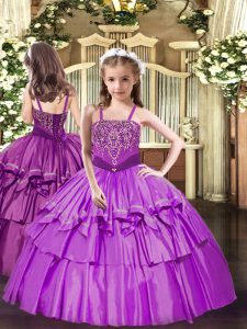 Floor Length Lilac Child Pageant Dress Straps Sleeveless Lace Up