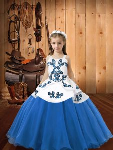 Straps Sleeveless Pageant Dress Womens Floor Length Embroidery Blue Organza