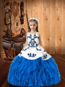 Blue Straps Lace Up Embroidery and Ruffles Pageant Dress for Teens Sleeveless