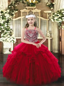 Superior Straps Sleeveless Kids Formal Wear Floor Length Beading and Ruffles Wine Red Organza