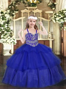 Latest Ball Gowns Little Girls Pageant Dress Wholesale Royal Blue Straps Organza Sleeveless Floor Length Lace Up