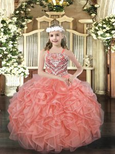 Straps Sleeveless High School Pageant Dress Floor Length Beading and Ruffles Orange Red Organza