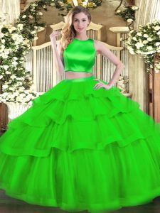 Green Tulle Criss Cross High-neck Sleeveless Floor Length Sweet 16 Dress Ruffled Layers