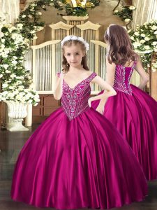 Low Price Beading Pageant Dress Wholesale Fuchsia Lace Up Sleeveless Floor Length