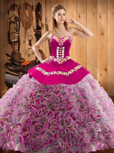 Top Selling Multi-color Satin and Fabric With Rolling Flowers Lace Up Sweetheart Sleeveless With Train Quince Ball Gowns Sweep Train Embroidery
