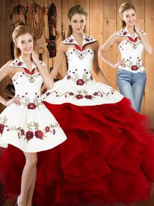 Floor Length Lace Up Sweet 16 Dress Wine Red for Military Ball and Sweet 16 and Quinceanera with Embroidery and Ruffles