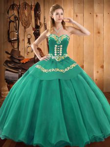 Latest Turquoise Satin and Tulle Lace Up Quinceanera Dresses Sleeveless Floor Length Embroidery