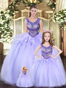 Eye-catching Lavender Ball Gowns Beading and Ruching Sweet 16 Dress Lace Up Tulle Sleeveless Floor Length
