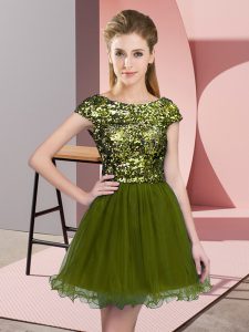 High Quality Cap Sleeves Tulle Mini Length Zipper Dama Dress for Quinceanera in Olive Green with Sequins
