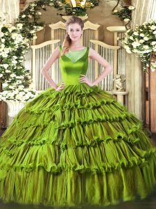 Superior Beading and Ruffled Layers Quinceanera Gown Olive Green Side Zipper Sleeveless Floor Length