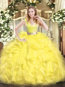 Floor Length Yellow Sweet 16 Quinceanera Dress Tulle Sleeveless Beading and Ruffles