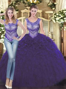 Tulle Scoop Sleeveless Lace Up Beading and Ruffles Vestidos de Quinceanera in Purple