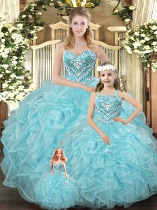 Aqua Blue Organza Lace Up Ball Gown Prom Dress Sleeveless Floor Length Beading and Ruffles