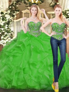 Tulle Sleeveless Floor Length Ball Gown Prom Dress and Beading and Ruffles