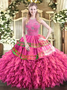Delicate Ball Gowns Quinceanera Gown Hot Pink Halter Top Tulle Sleeveless Floor Length Zipper