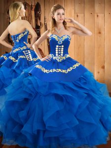 Floor Length Blue Quinceanera Dress Satin and Organza Sleeveless Embroidery and Ruffles
