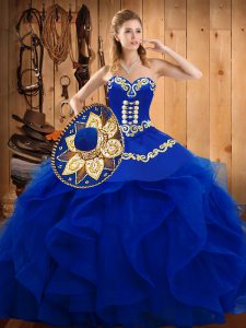 Inexpensive Floor Length Lace Up Quinceanera Dress Blue for Military Ball and Sweet 16 and Quinceanera with Embroidery and Ruffles