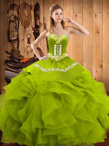 Chic Ball Gowns 15th Birthday Dress Olive Green Sweetheart Satin and Organza Sleeveless Floor Length Lace Up