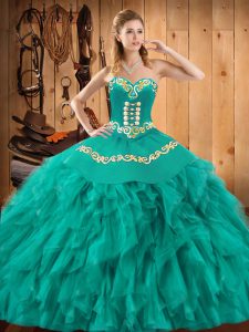 Free and Easy Sweetheart Sleeveless Sweet 16 Dress Floor Length Embroidery and Ruffles Turquoise Satin and Organza