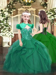 Beautiful Straps Sleeveless Custom Made Pageant Dress Floor Length Beading and Ruffles Dark Green Tulle