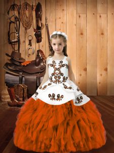 Hot Selling Straps Sleeveless Pageant Dress for Teens Floor Length Embroidery and Ruffles Orange Red Organza