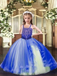 High End Royal Blue Tulle Lace Up Pageant Dress for Womens Sleeveless Floor Length Beading