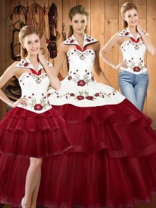Low Price With Train Wine Red Quince Ball Gowns Satin and Organza Sweep Train Sleeveless Embroidery and Ruffled Layers