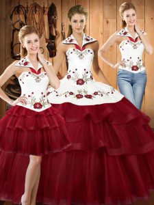 Low Price With Train Wine Red Quince Ball Gowns Satin and Organza Sweep Train Sleeveless Embroidery and Ruffled Layers