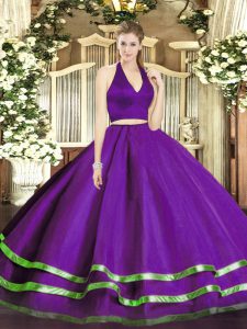 Exquisite Purple Halter Top Neckline Ruffled Layers Quinceanera Gown Sleeveless Zipper